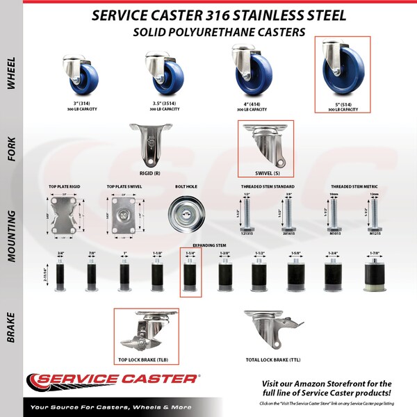 Service Caster 5 Inch 316SS Solid Poly Swivel 1-1/4 Inch Expanding Stem Caster Set Brake SCC SCC-SS316EX20S514-SPUS-TLB-114-4 - main